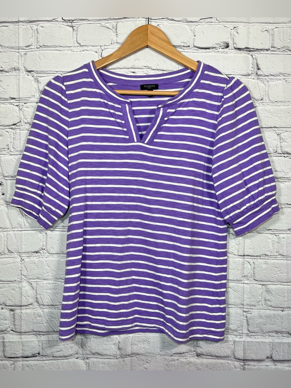 Talbots Short Sleeve Top Shirt Womens Size Small Petite Purple Striped V Neck